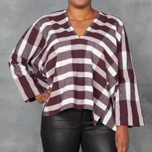 Humanoid Crispy Spirit Deep V-Neck Wide Sleeve Top in Plaid Pattern - Size XS